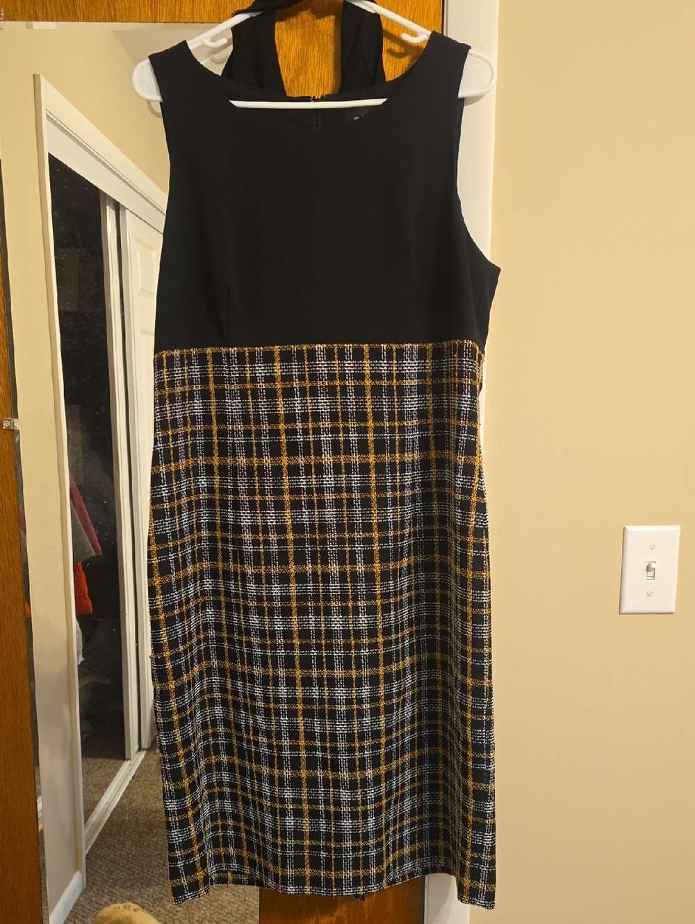 Classic Black Bodice Midi Dress with Yellow Plaid Skirt